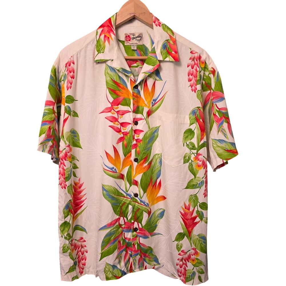HILO HATTIE USA Hawaii Aloha Short Sleeve Button Rayon Colorful Shirt Men M